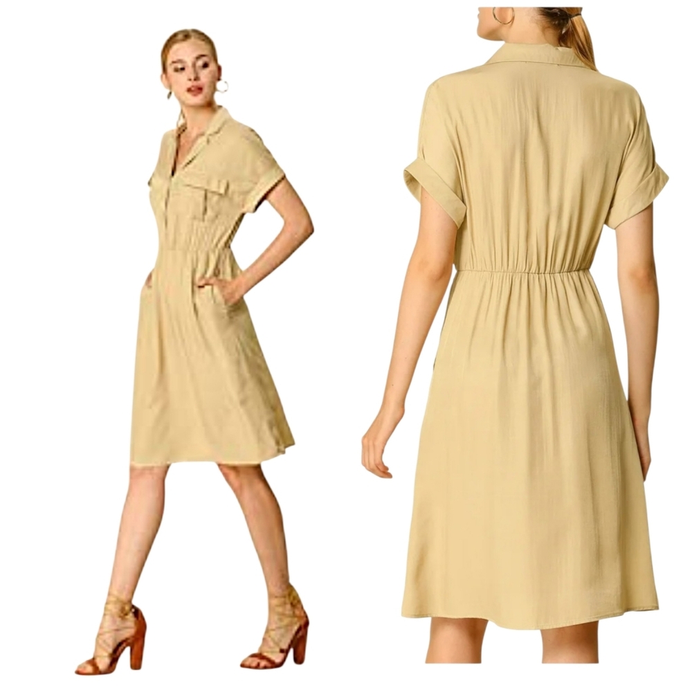 ALEGRA K , UTILITY KHAKI , SHIFT DRESS,  A LINE , FIT AND FLAIR DRESS NWT SIZE L